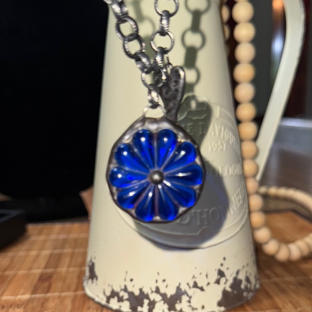 Vintage Soldered Glass Flower Pendant .